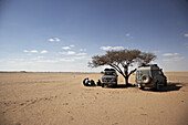 People having a break under an acacia, Murzuk sand sea, Lybia, Africa