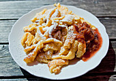 Kaiserschmarrn sugared raisin pancake with plum jam, Molterau alpine hut, Region of Hochkönig, Salzburger Land, Austria