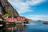 Traditional Rorbu fisherman`s hut, village, Moskenesoya, Lofoten Islands, North Norway, Norway
