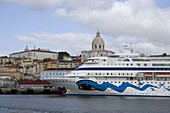 Cruiseship AIDAcara at pier in front of old town buildings, Lisbon, Lisboa, Portugal, Europe