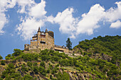 Katz castle, St. Goarshausen, Shipping on the river Rhine, Köln-Düsseldorfer, Mittelrhein, Rhineland-Palatinate, Germany, Europe