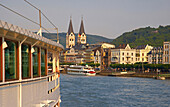 View over river Rhine to St. Severus church, Boppard, Rhineland-Palatinate, Germany