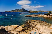 Sant Elm and Sa Dragonera island with Cala Conills at fore as seen from Punta Galinda, Majorca, Balearic Islands, Spain