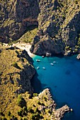 Sa Calobra with the Torrent de Pareis. Tramuntana mountain range. Majorca. Balearic Islands. Spain.