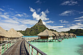 Huts, lagoon and Mount Pahia, Bora Bora island, Society Islands, French Polynesia (May 2009)