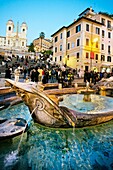 Spanish Steps with Fontana della Barcaccia. Church of Trinita dei Monti. Rome. Lazio. Italy.