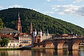Heidelberg, Necker river, Old Bridge, Karl Theodor Bridge, Heiliggeistkirche, St Spirit church, Baden-Württemberg, Germany