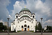 Serbia, Beograd, Belgrade, St Sava Cathedral, 1935, Orthodox, christian, religious, exterior, outside, facade, colour, cupolas