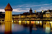 Europe, Switzerland, Lucerne, chapel bridge dusk