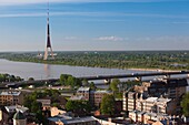 Latvia, Riga, Vecriga, Old Riga, elevated view of Daugava River and TV Tower, from Academy of Sciences building, morning