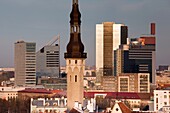 Estonia, Tallinn, Toompea area, elevated view of Town Hall and old and new Tallinn, sunset