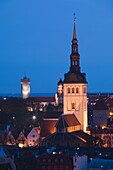 Estonia, Tallinn, Old Town, elevated view with St Nicholas Church, dusk