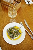 France, Tarn, Gaillac, wine producers restaurantvignes en foule', chef Julien Bourdaries risotto et sardines marinées & croquettes