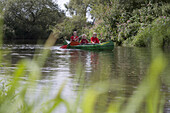 Drei Kinder paddeln ein Kanu auf der Fulda, Niederaula, Hessen, Deutschland, Europa