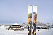 Ski with sexy sliding surface in the snow, Hotel Pralongia, Alta Badia, South Tyrol, Italy, Europe