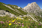 Mountain biker at Corno Grande under blue sky, Campo Imperatore, Gran Sasso National Park, Abruzzi, Italy, Europe