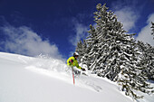 Skier in the deep powder snow, Reit im Winkl, Chiemgau, Upper Bavaria, Bavaria, Germany, Europe