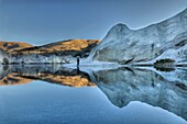 Trout fisherman, Blue lake reflection, dawn, St Bathan's, Central Otago