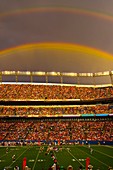 A rainbow over the stadium, Denver Broncos vs. Pittsburgh Steelers NFL football game, Invesco Field at Mile High (stadium), Denver, Colorado USA