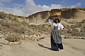Enactment of a typical peasant woman on the way to market,  Reserva San Blas, South Tenerife, Canary Islands, Spain