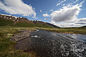 River Near A Farm, Mountain In The Background, Europe, Iceland