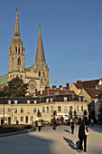 Place Du Chatelet, West Facade With The Cathedral's New Steeple And Its Old Steeple, Chartres Cathedral, Eure-Et-Loir (28), France