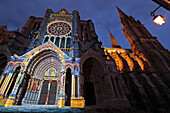 North Door Lit Up And The Cathedral's Spires, Chartres, Eure-Et-Loir (28), France