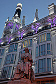 Facade Of The Hotel Me Madrid, Statue On The Square, Plaza Santa Ana, Madrid, Spain