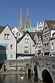 Family On The Pont Bouju Bridge Over The Eure River With The Cathedral In The Background, Old Town Of Chartres, Eure-Et-Loir (28), France