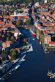 Aerial shot of harbor Ratsdelft, old town, Emden, Lower Saxony, Germany