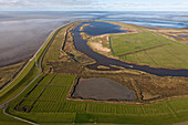 Aerial shot of bay Leybucht, Krummhoern, Lower Saxony, Germany