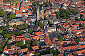 Aerial shot of old town with Market Church St. Cosmas and Damian, Goslar, Lower Saxony, Germany