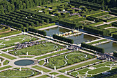 Aerial view of a small fete in the garden of Herrenhausen Gardens, Hannover, Lower Saxony, Germany