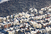 Aerial view of Hannover in the winter snow, city flats on the edge of Eilenriede city forest, Lower Saxony, Germany