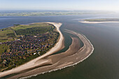 Aerial of North Sea island, Spiekeroog and mainland in background, Lower Saxony, Germany