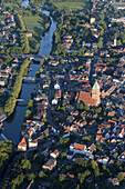 Aerial of the town of Rheine on the river Ems, bridges, St Dionysius church, North Rhine-Westphalia Germany