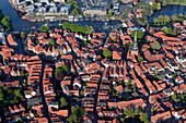 Aerial shot of old town on Schwinge island, Stade, Lower Saxony, Germany
