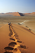 Personengruppe an roter Sanddüne im Sossusvlei, Düne 45, Sossusvlei, Namib Naukluft National Park, Namibwüste, Namib, Namibia