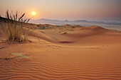 Sonnenaufgang über roten Sanddünen mit Tirasberge im Hintergrund, Namib Rand Nature Reserve, Namibwüste, Namibia
