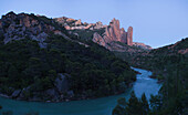 Rock formation Los Mallos de Riglos and river Rio Gallego, Province of Huesca, Aragon, Northern Spain, Spain, Europe