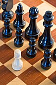 Chess pieces: white pawn faces black chess pieces