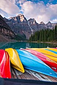 Colorful boats at Moraine Lake in the Banff National Park, Alberta, Canada