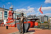 Goleulong 200 The Lightship.Floating Christian Centre, From Pit to Port. Bronze statue by John Clinch. Jon Buck. Roath Basin. Cardiff Bay. Cardiff. South Glamorgan. Wales. UK.
