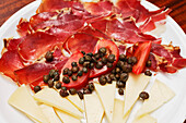 Starter plate with cheese, ham, tomato and carper, Hvar, Split-Dalmatia, Croatia