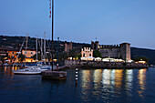 Evening mood, boats at Harbor, Scaliger Castle, Torri del Benaco, Lake Garda, Veneto, Italy