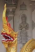 Dragon and sculpture at Temple Entrance, Wat Chedi Luang, Chiang Mai, Thailand, Southeast Asia