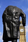 Statue of Sir Winston Churchill and Big Ben, Parliament Square, Westminster, London, England, UK