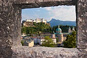 View from an embrasure of the medieval bastion over the old town of Salzburg Austria