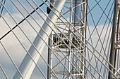 The British Airways London Eye viewed through suspension cables on the Golden Jubilee Bridges AKA Hungerford Bridge, London