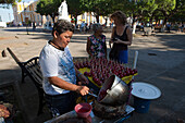 Frauen verkaufen kandierte Äpfel an einem Marktstand im Parque Central Park und Marktplatz, Granada, Granada, Nicaragua, Mittelamerika, Amerika